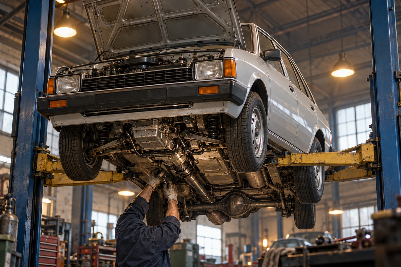A mechanic in a workshop working under a classic Hyundai Pony raised on a hydraulic lift