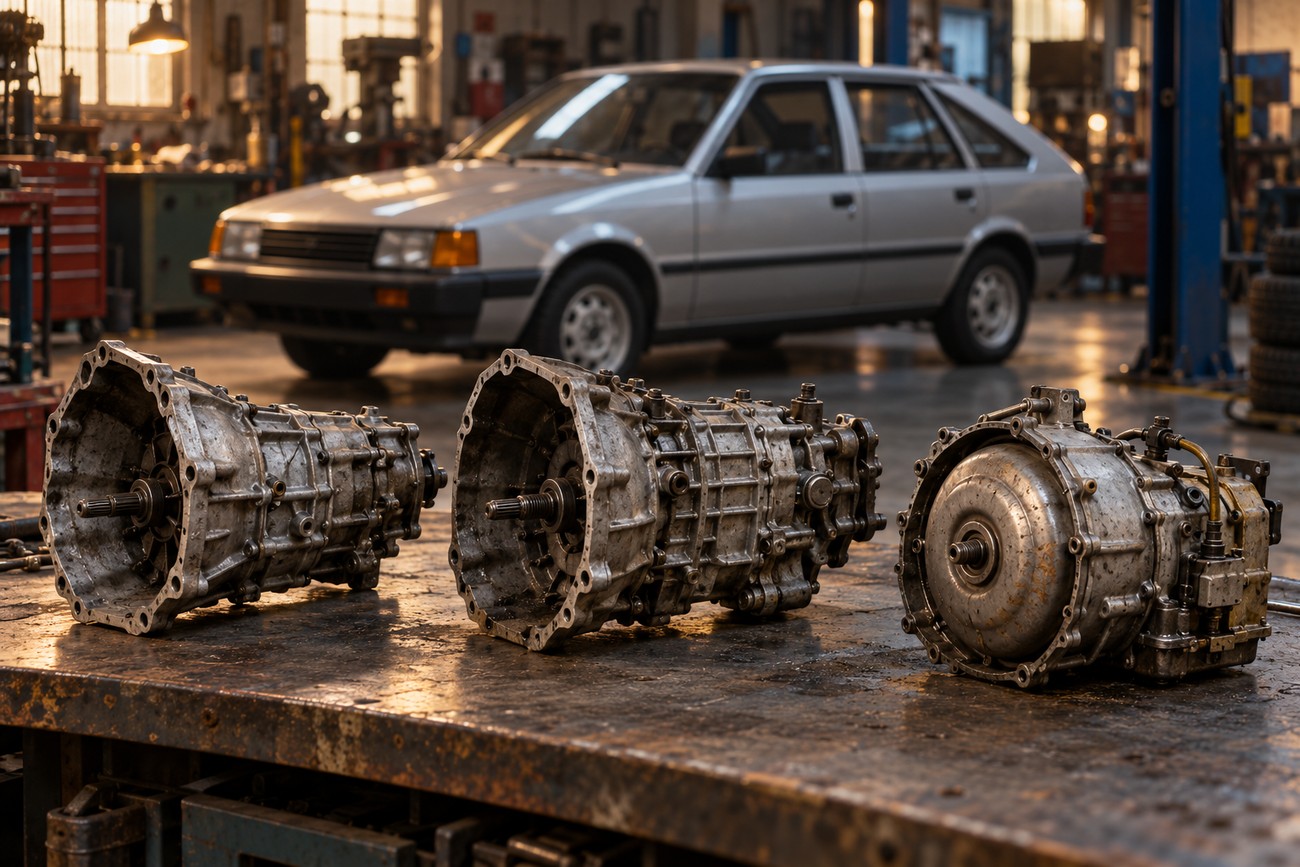 Three metal car transmissions are arranged on a workbench inside a garage with a vintage Hyundai Pony in the background