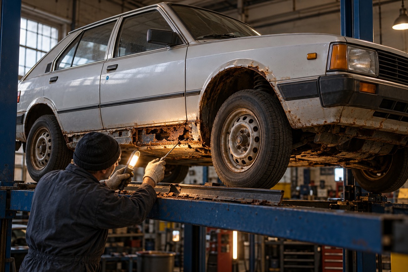 Mechanic holding a flashlight inspecting rust on the underbody of a classic Hyundai Pony lifted on a hoist in a garage