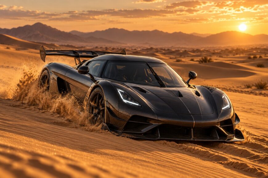 A black carbon fiber Koenigsegg Jesko hypercar driving across a sandy desert dune at sunset