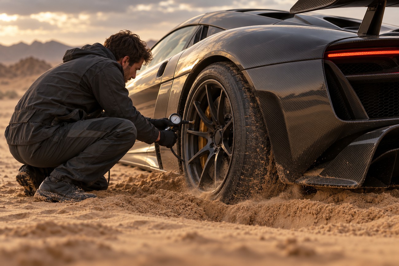 A mechanic in black overalls checks the tire pressure of a Koenigsegg Jesko hypercar on a sandy desert dune