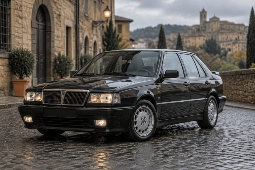 A black Lancia Thema 8.32 sedan parked on a wet cobblestone street with historic stone buildings in the background