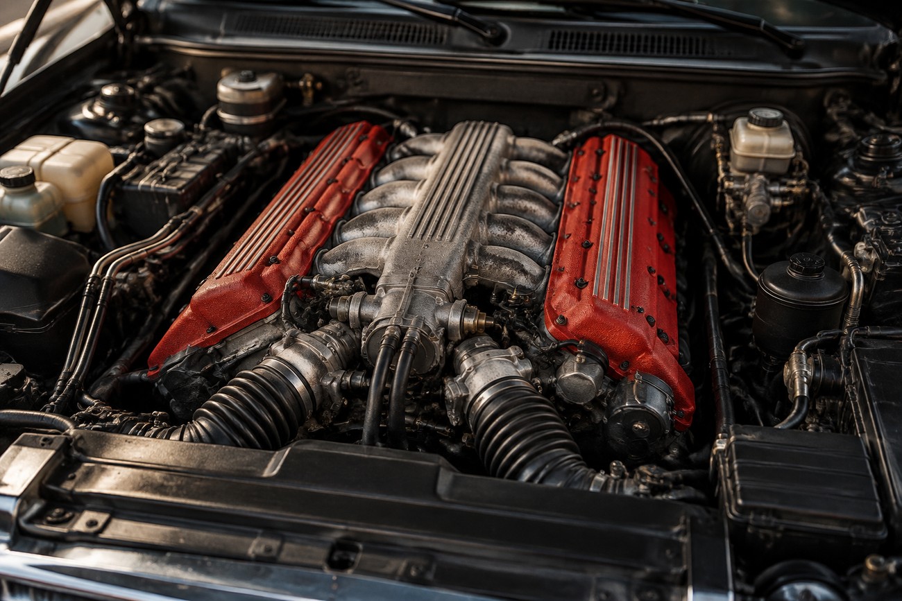 Detailed view of the Ferrari V8 engine with red valve covers installed in the engine bay of a classic Lancia Thema sedan