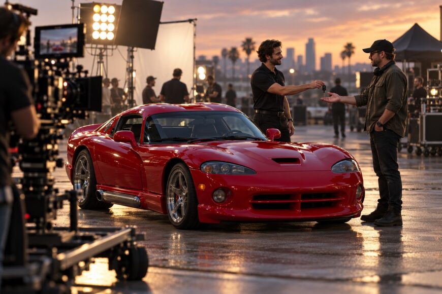 Director handing keys for a red Dodge Viper to a crew member on a music video set at sunset