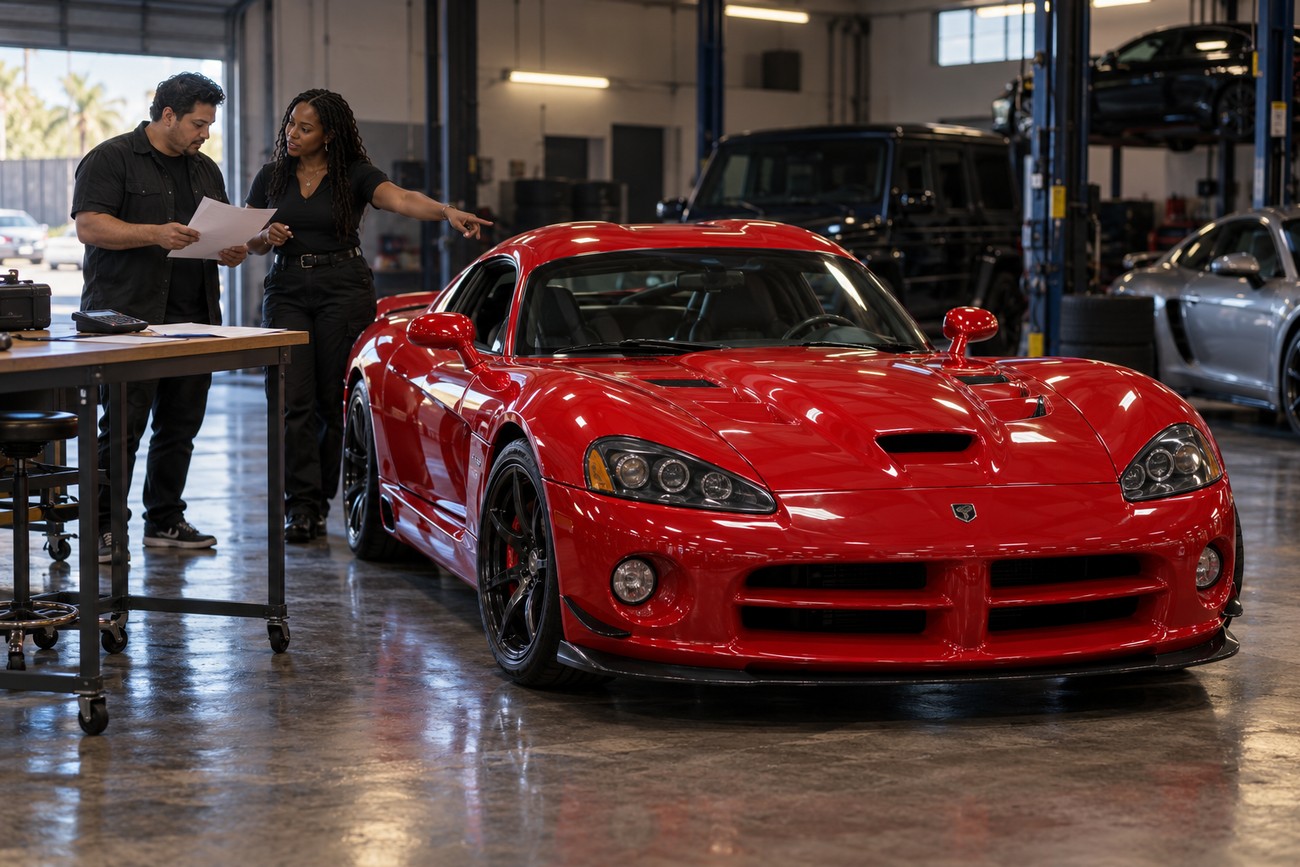 A woman points at a bright red Dodge Viper while a man holds rental paperwork inside an auto shop