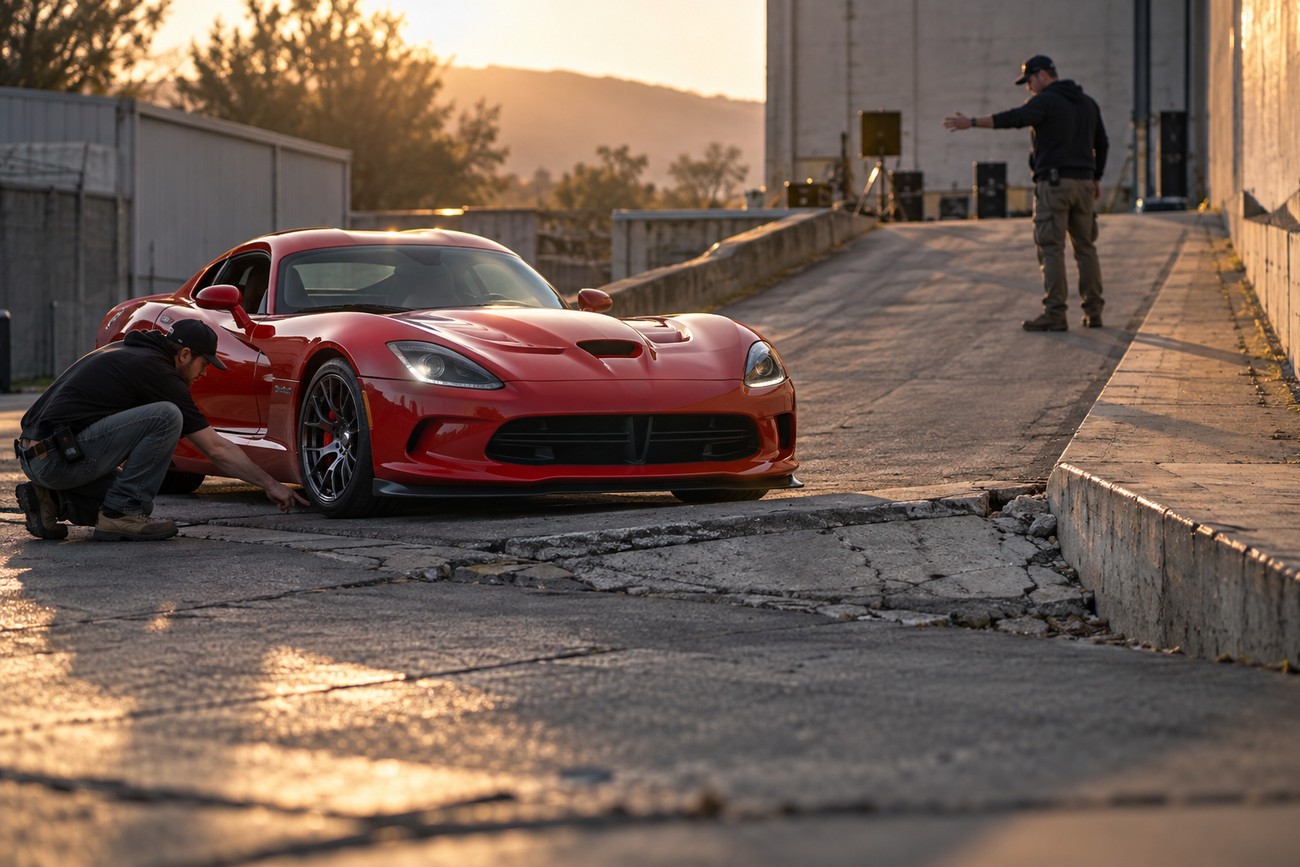 A red Dodge Viper sports car parked on an industrial set with crew members preparing for a music video shoot