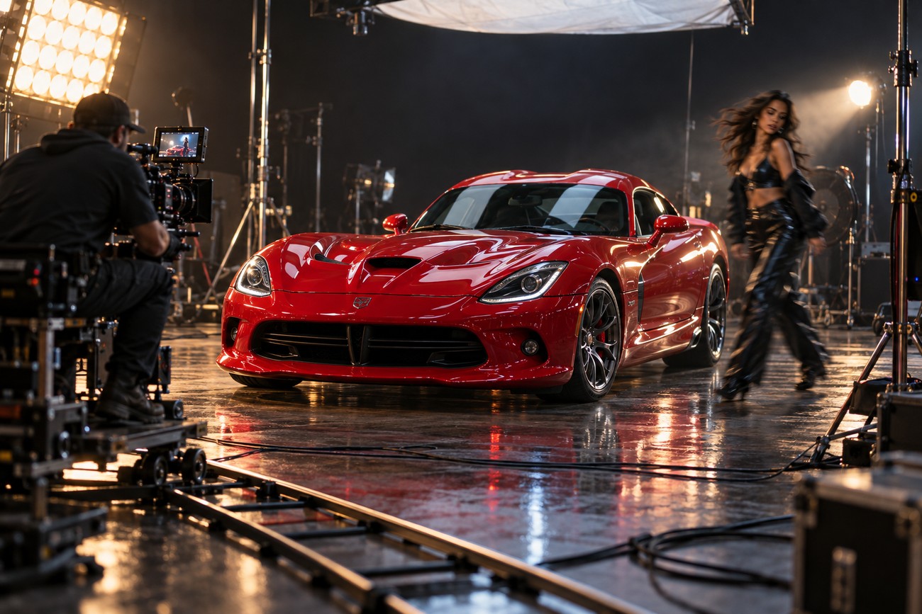 A red Dodge Viper sports car parked on a film studio stage with a cameraman filming and a model walking nearby