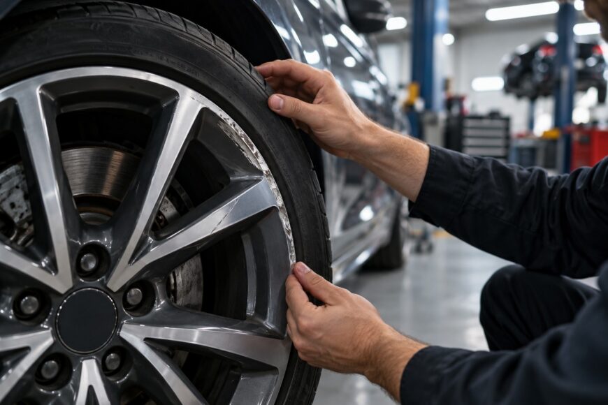 Mechanic inspecting severe curb rash damage along the outer edge of an alloy wheel in a workshop