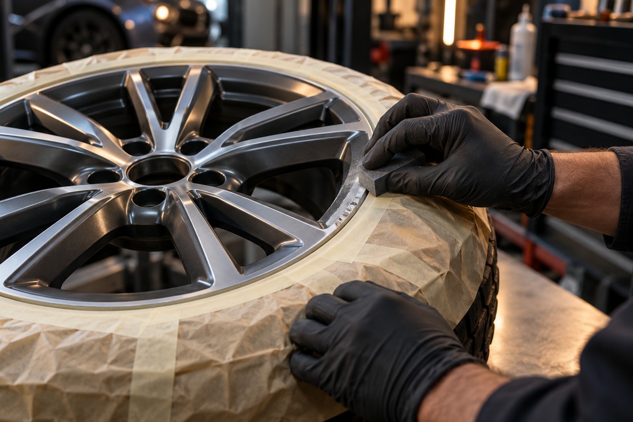 A mechanic wearing black gloves uses a sanding block to fix curb rash on an alloy wheel rim protected by masking tape