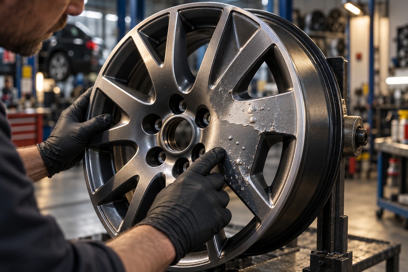 A mechanic wearing black gloves examines corrosion and damage on an alloy wheel in an auto repair workshop