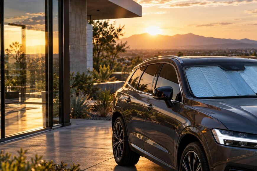 Modern dark SUV parked outside a contemporary house with a reflective sunshade on the windshield during a bright sunset