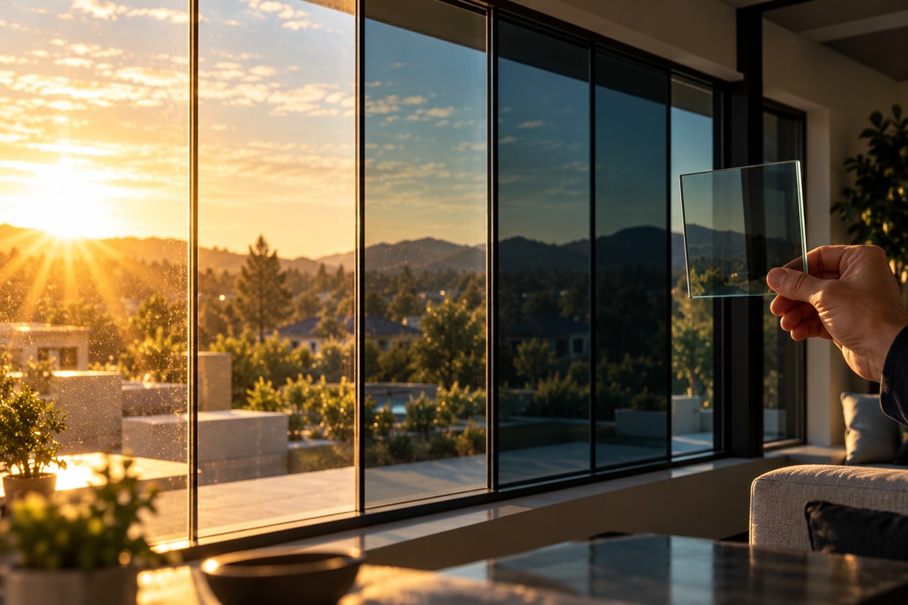 A person holding a tinted glass sample pane inside a modern living room with large sliding windows facing a sunset