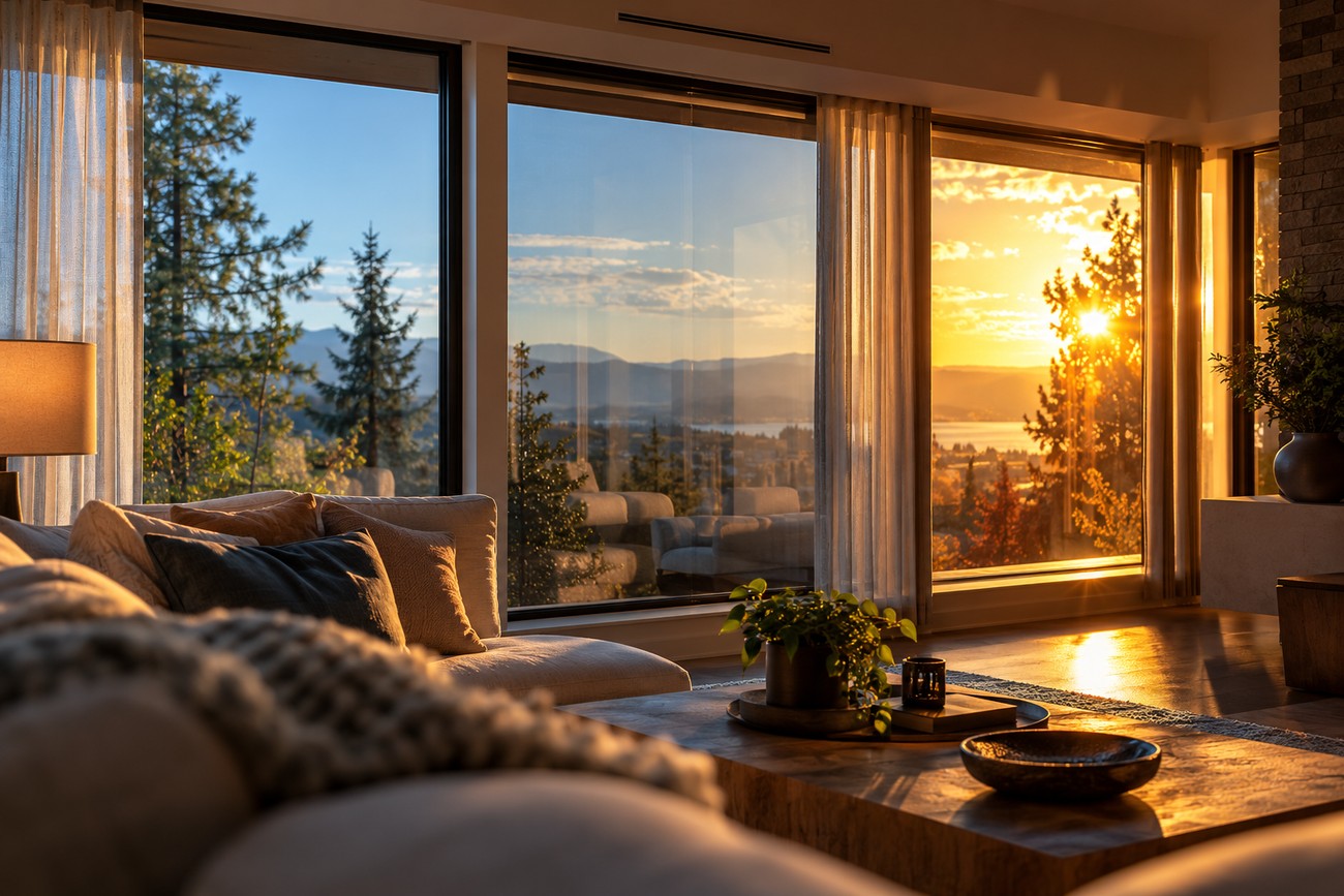 Modern living room with large glass windows and window tint film overlooking a scenic sunset landscape