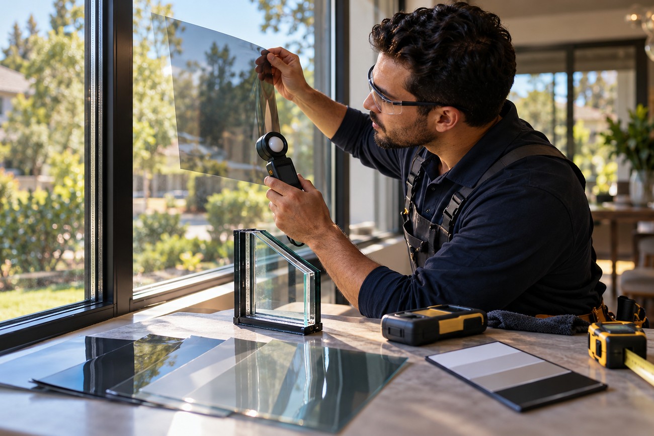 A technician wearing safety glasses holds a sample of window tint film and a light meter next to a glass window with various film samples on the table