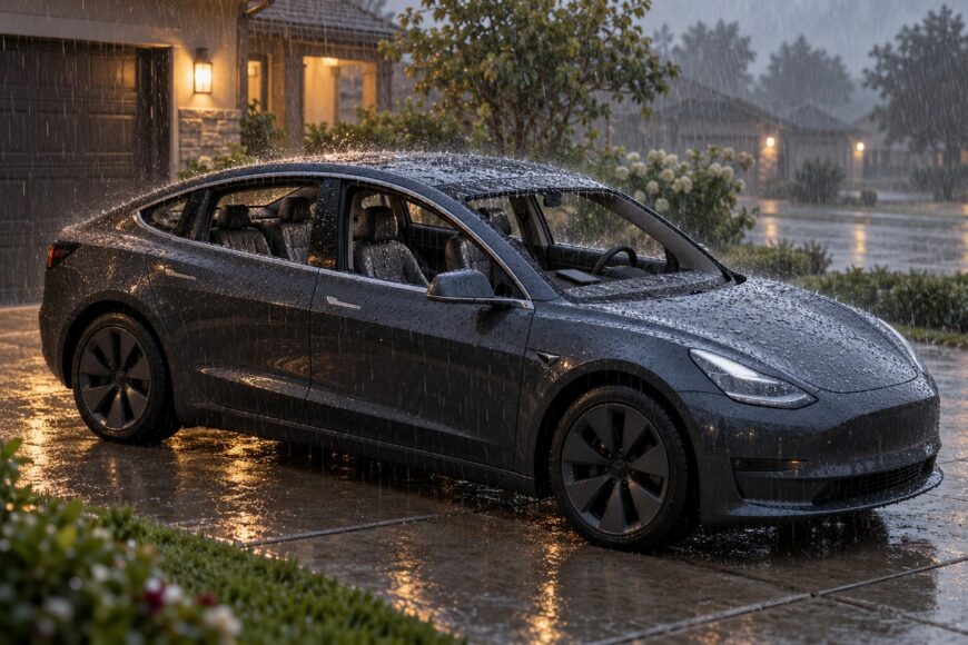 Dark gray Tesla Model 3 parked in a driveway during a heavy rainstorm with its windows rolled down