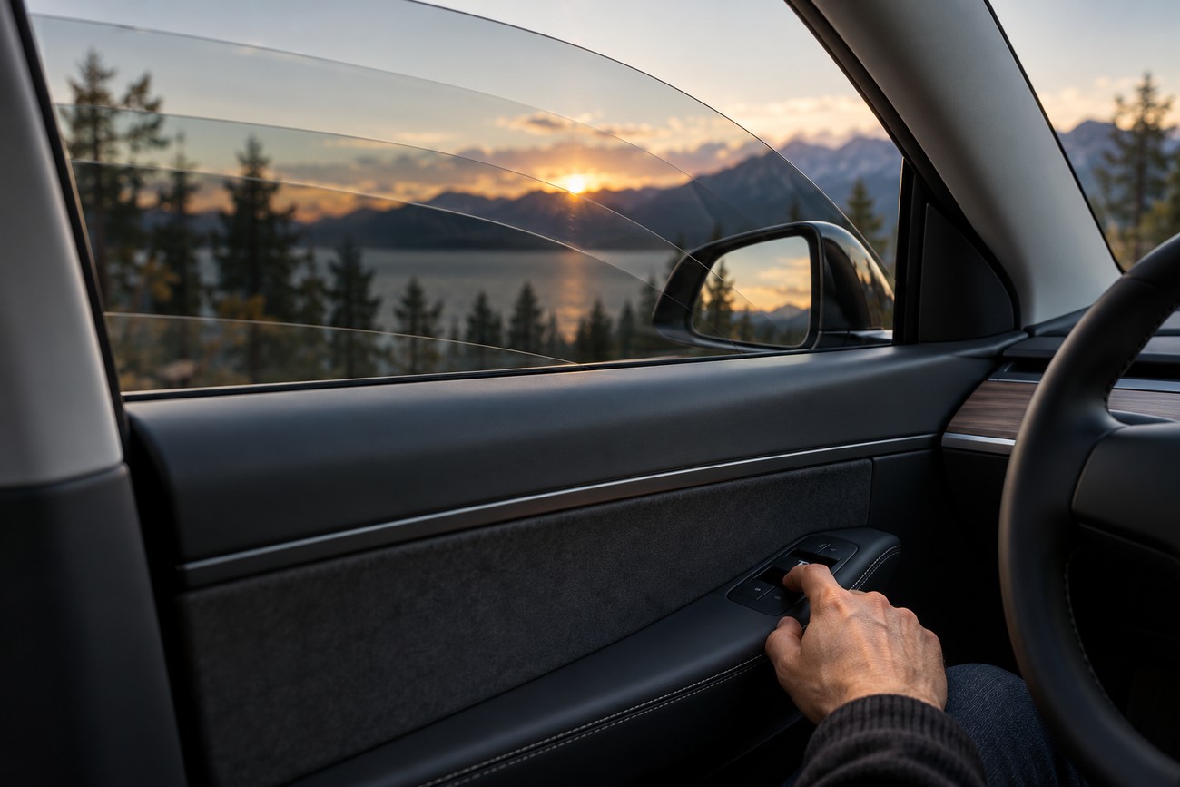 Driver pressing the window switch on the door panel of a Tesla Model 3 as the glass lowers with a mountain view outside