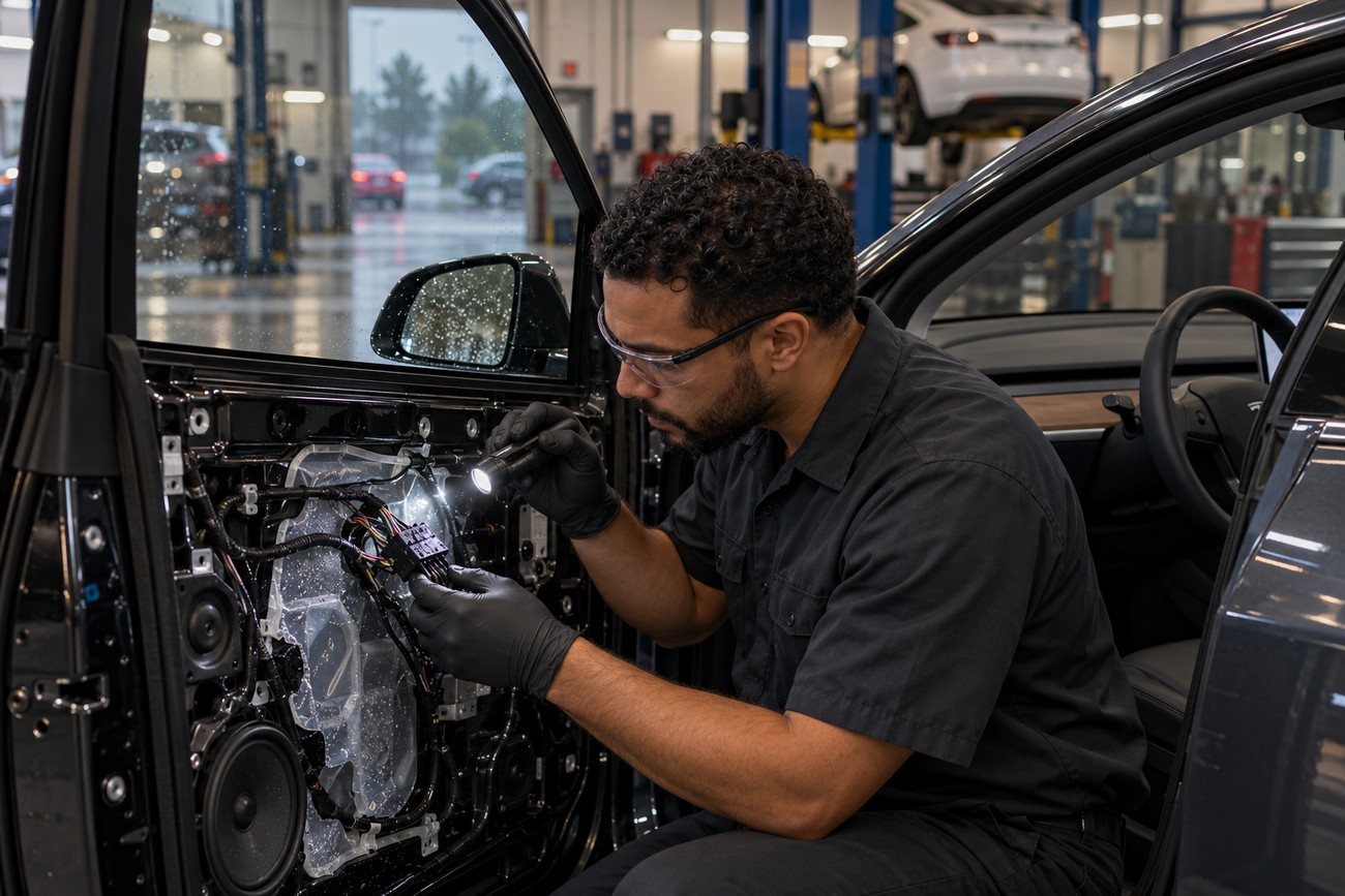 A mechanic in safety glasses and gloves uses a flashlight to inspect internal door wiring of a Tesla Model 3 inside a service garage