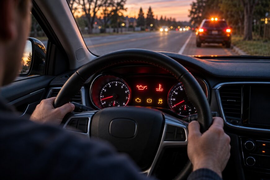 Driver holding the steering wheel while multiple red and yellow warning lights glow on the car dashboard instrument cluster