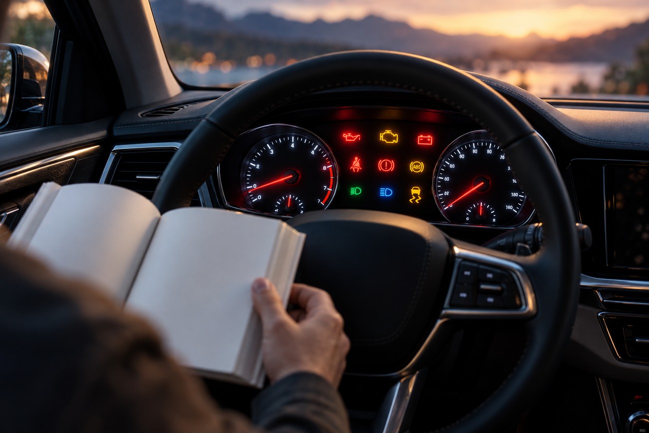 Driver holding an open book inside a car while looking at illuminated warning lights on the dashboard