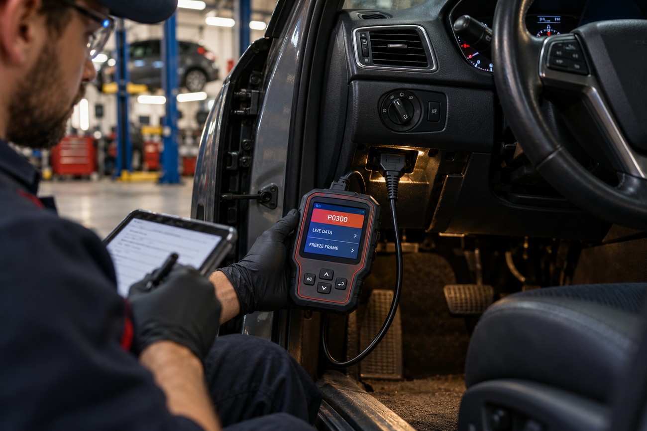 Mechanic holding an OBD2 diagnostic scanner connected to a car dashboard to troubleshoot warning lights