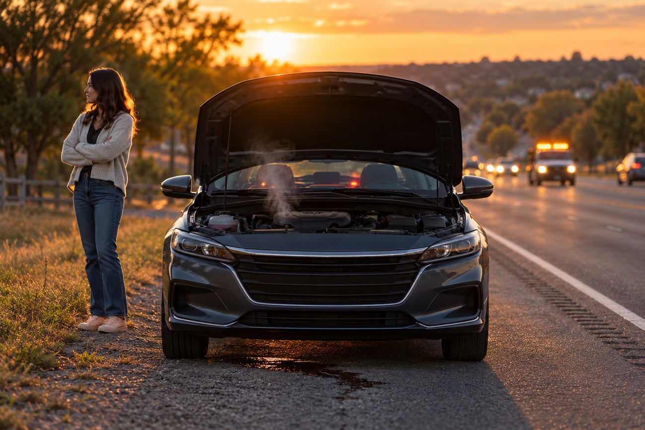 A woman standing with crossed arms by her car with an open hood and smoking engine on the roadside at sunset