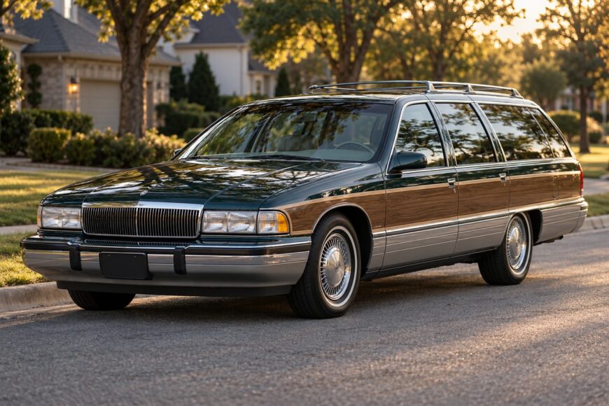 Classic dark green Buick Roadmaster Estate wagon with woodgrain siding parked on a sunny suburban street