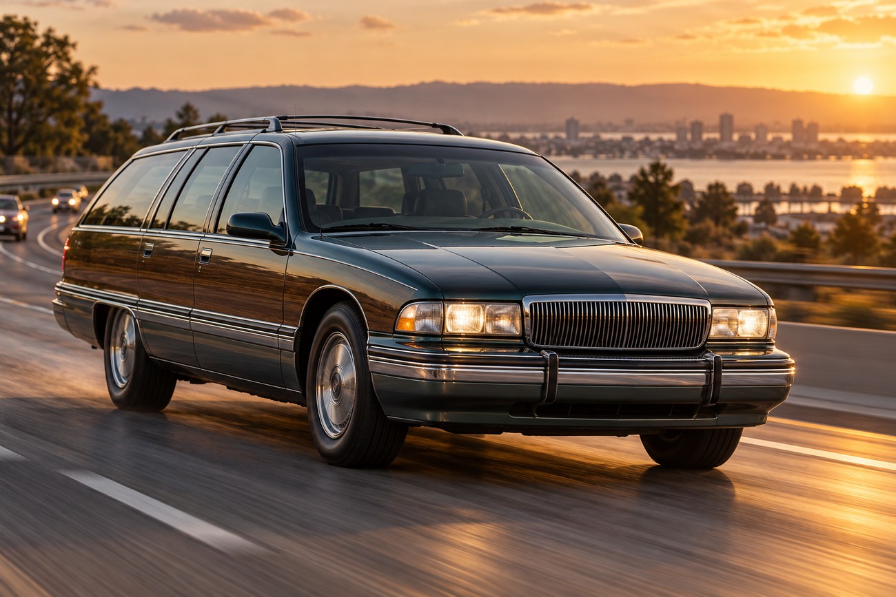 Dark green Buick Roadmaster Estate station wagon driving on a coastal highway during sunset