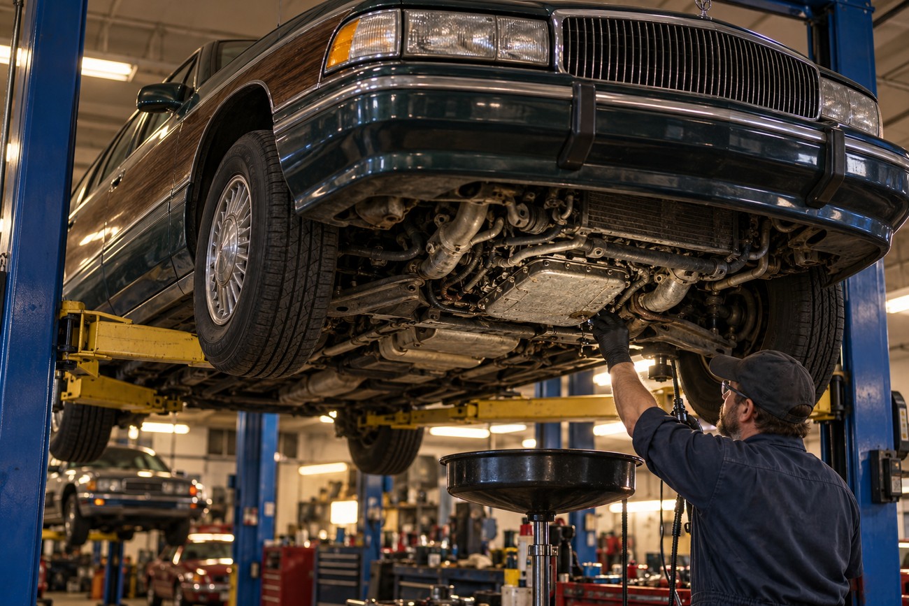 A mechanic in black gloves working beneath a lifted Buick Roadmaster Estate station wagon in an auto repair shop