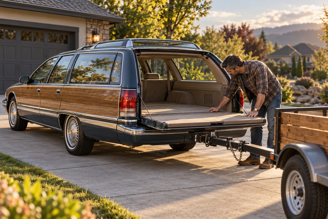 A man in a plaid shirt loading cargo into the open rear tailgate of a classic dark blue Buick Roadmaster Estate wagon with wood paneling parked in a residential driveway