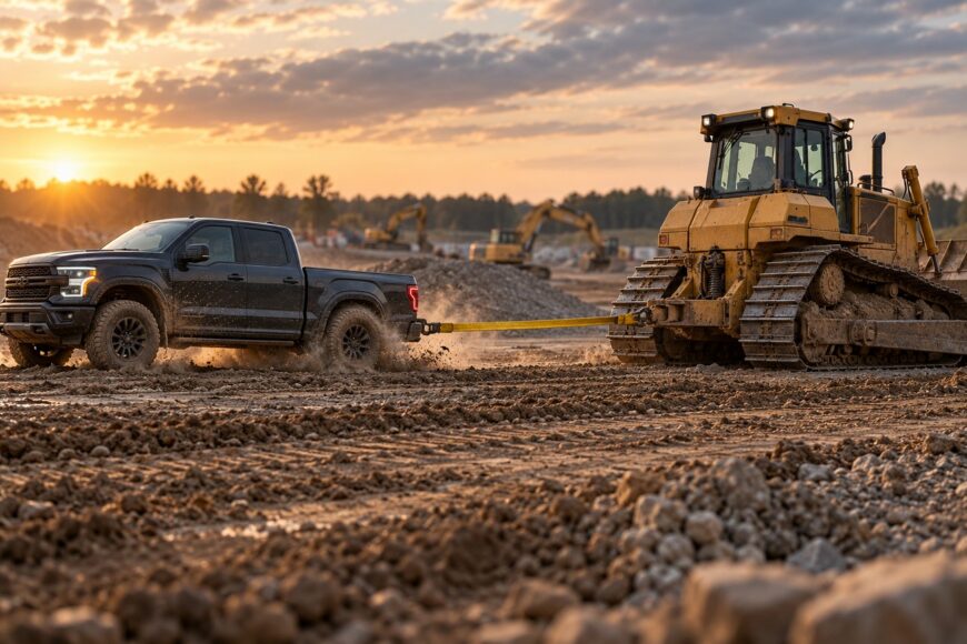 A black Ford F-150 pickup truck connected by a tow strap to a heavy yellow bulldozer in a muddy construction site at sunset