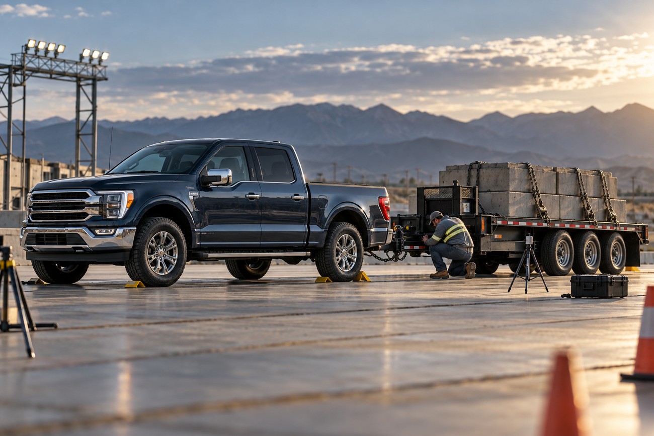 A dark blue Ford F-150 pickup truck connected to a heavy flatbed trailer loaded with concrete blocks on a testing facility