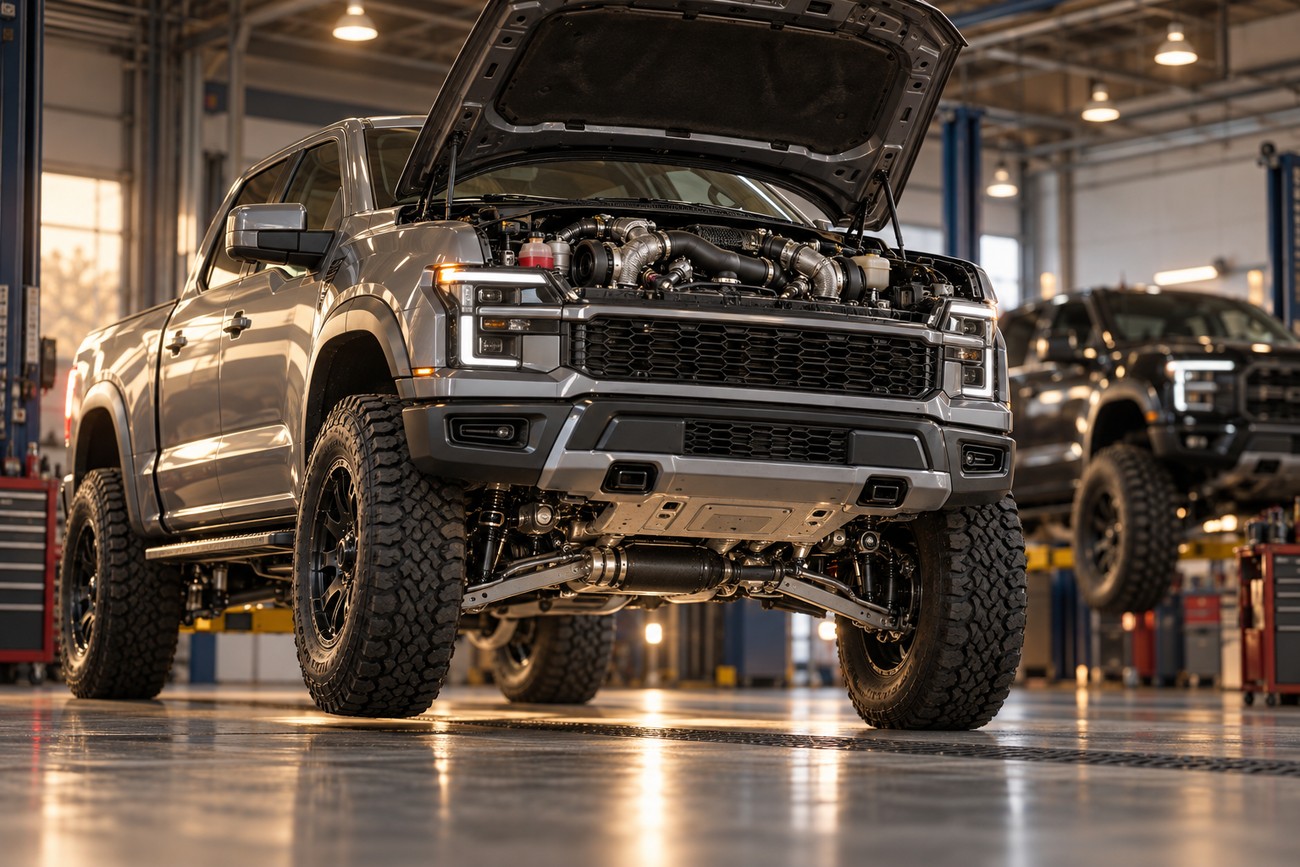A grey Ford F-150 pickup truck with raised suspension and open hood parked inside a bright auto repair shop