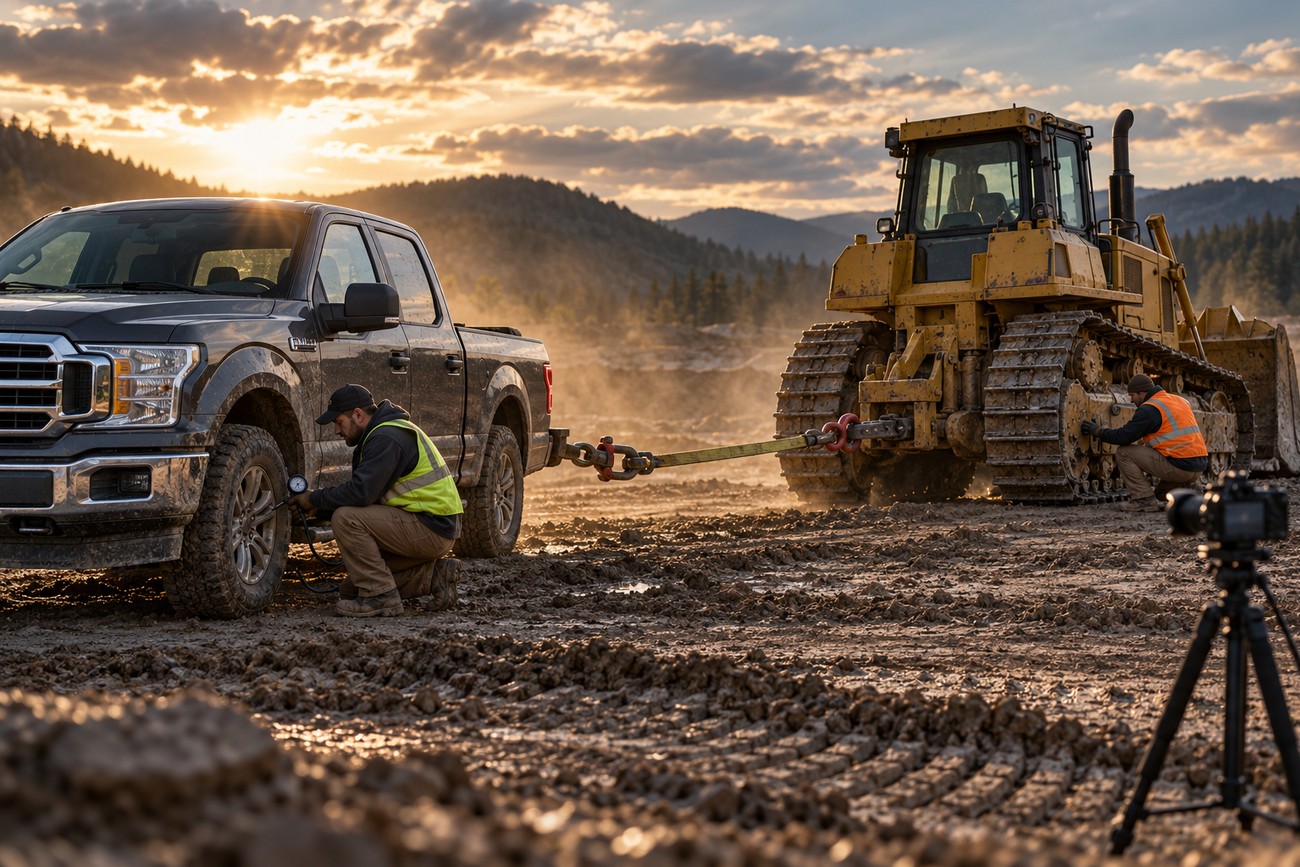 A Ford F-150 and a bulldozer connected with a heavy tow strap on a muddy field at sunset