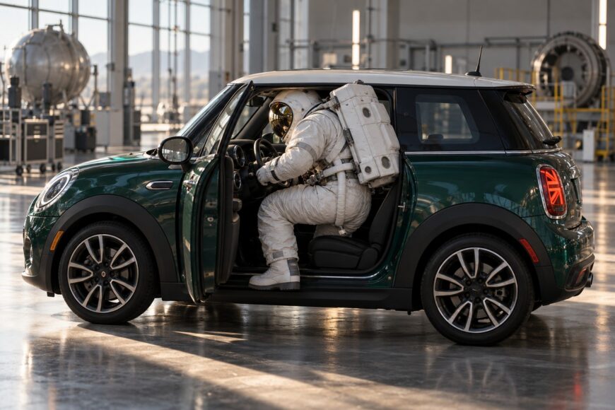 An astronaut in a bulky white spacesuit climbing into the driver seat of a green Mini Cooper inside a large hangar