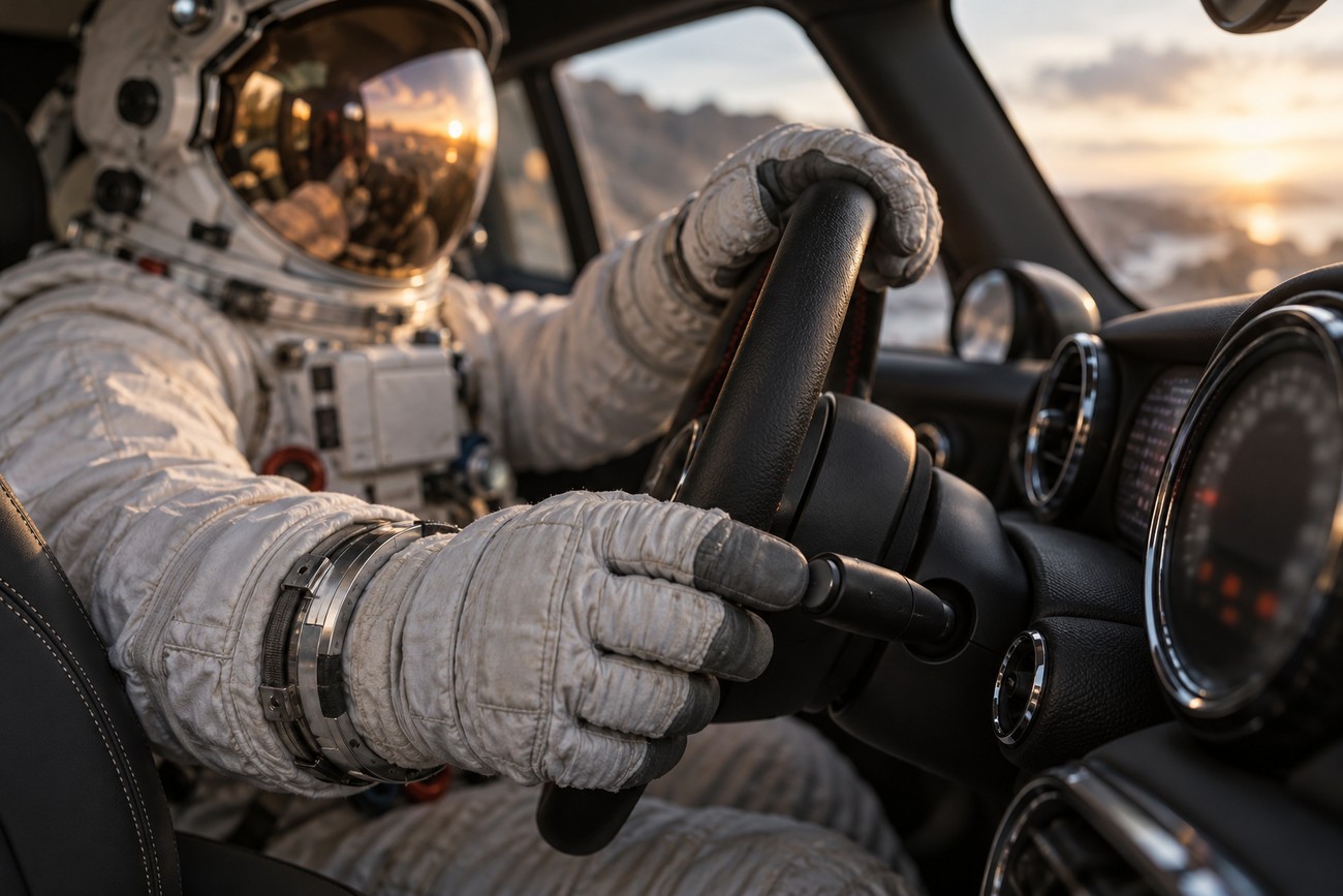 An astronaut in a full spacesuit holding the steering wheel while driving a Mini Cooper at sunset