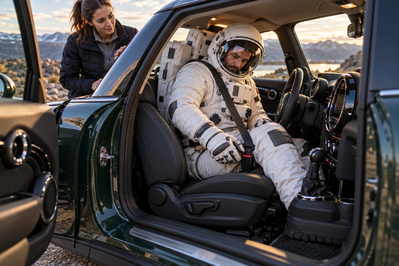 An astronaut wearing a bulky white spacesuit fastens his seatbelt inside a Mini Cooper while a woman watches