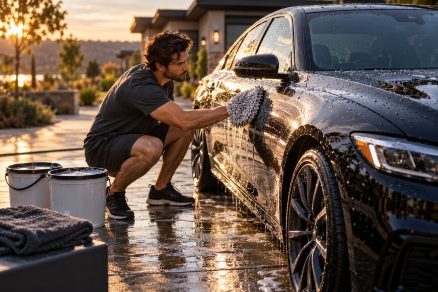 A man using a microfiber mitt to gently wash a black car parked outside at sunset