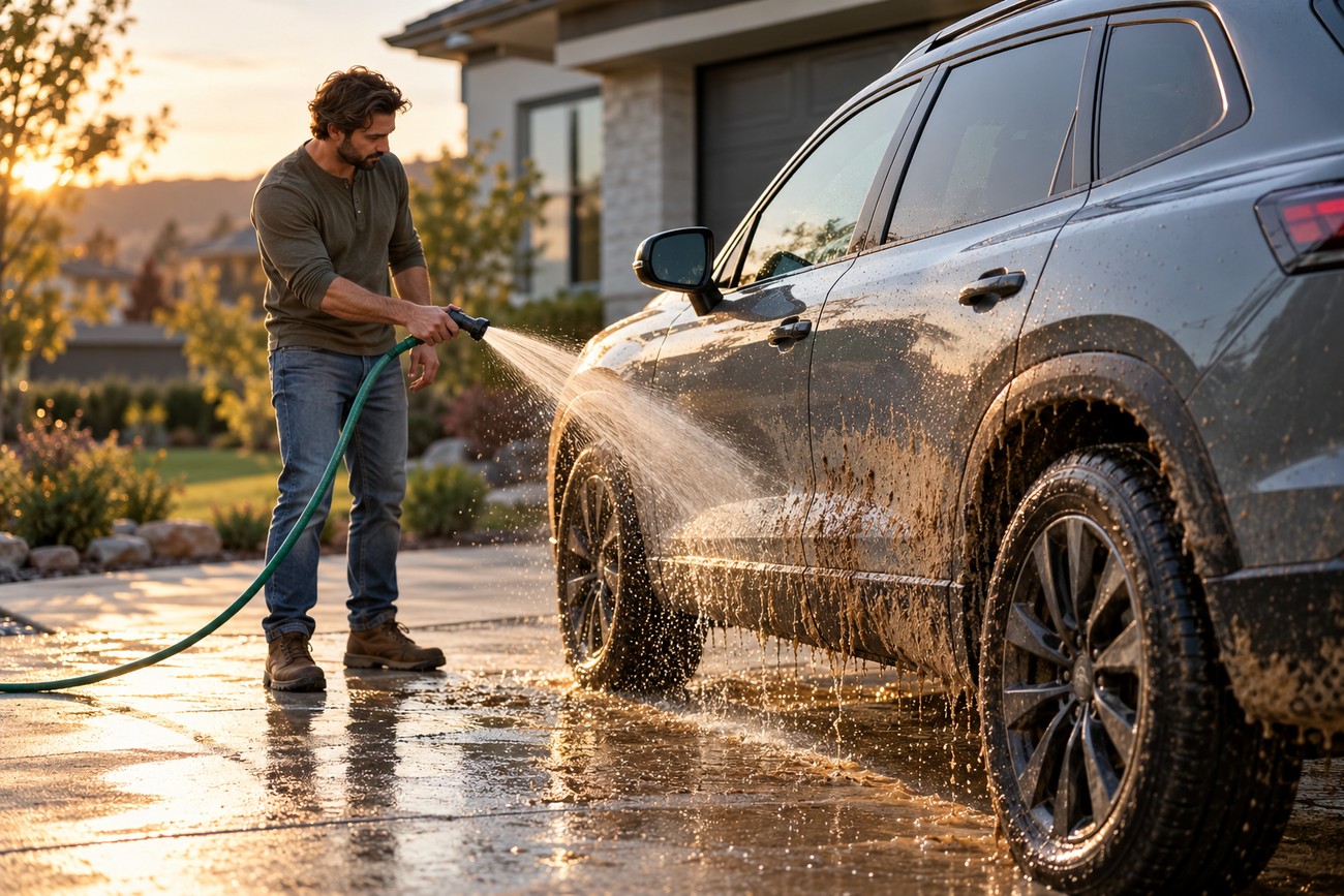 A man in a driveway uses a garden hose to safely rinse mud off the side of his gray SUV