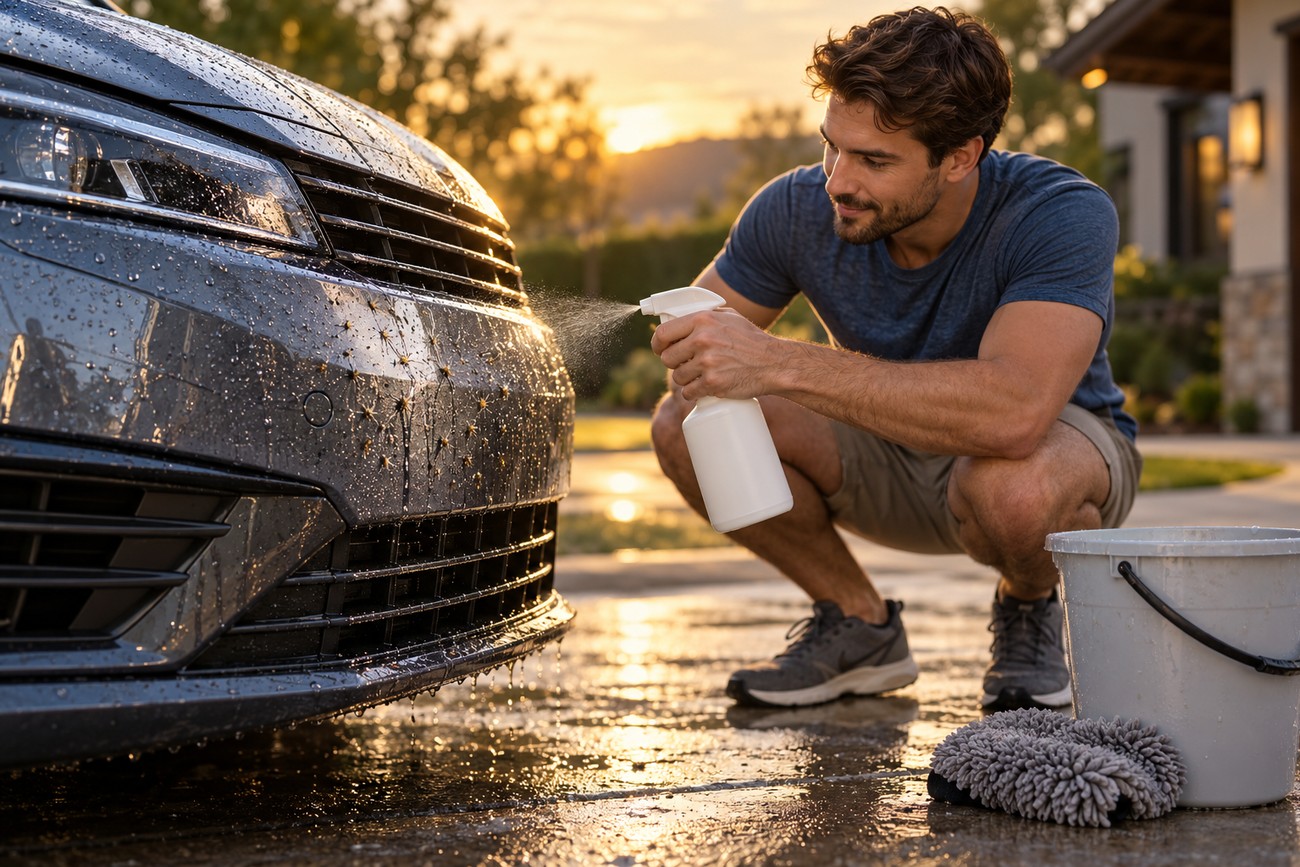 Man in a blue t-shirt squatting and spraying cleaner onto the wet bumper of a grey car