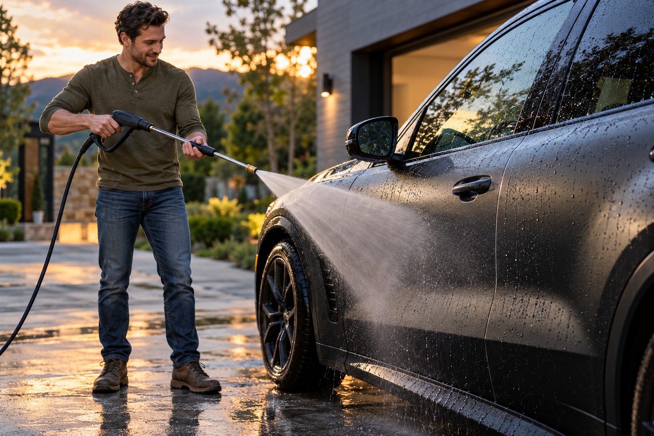 A man in a green shirt is rinsing a dark car with a pressure washer outdoors