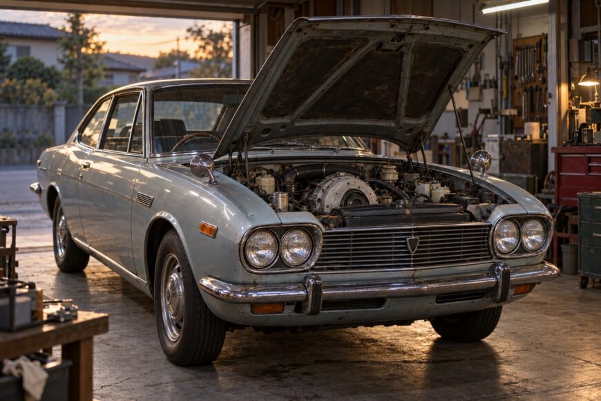 Vintage light blue Mazda R130 Luce Rotary Coupe parked in a garage with open hood displaying its Wankel engine