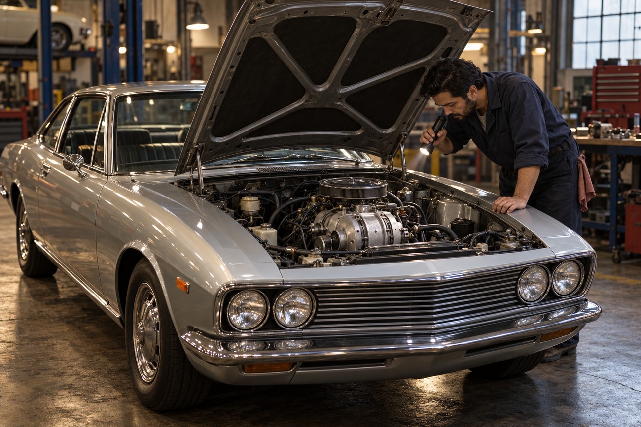 A mechanic with a flashlight inspects the Wankel rotary engine under the open hood of a classic silver Mazda R130 Luce Rotary Coupe in a workshop