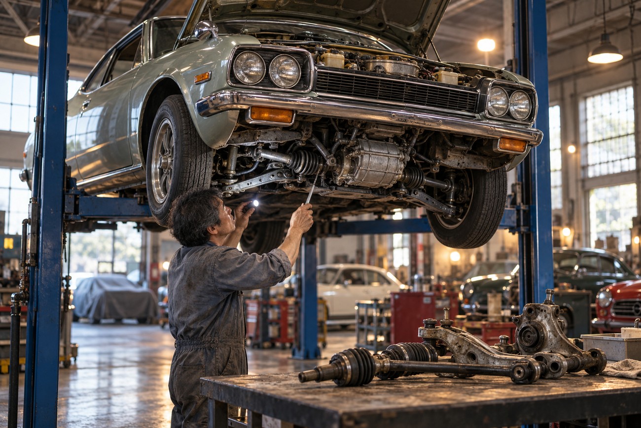 A mechanic holding a flashlight inspects the front-drive chassis and suspension of a vintage Mazda R130 Luce Rotary Coupe lifted on a hydraulic lift in a garage