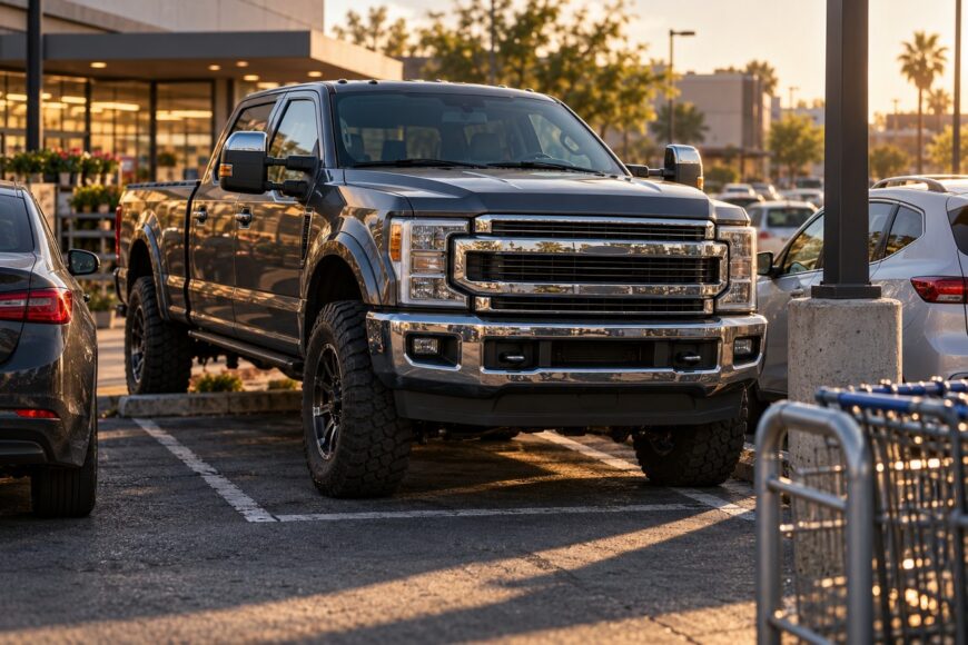 A large dark grey Ford F-250 pickup truck parked tightly between other cars in a crowded city supermarket parking lot