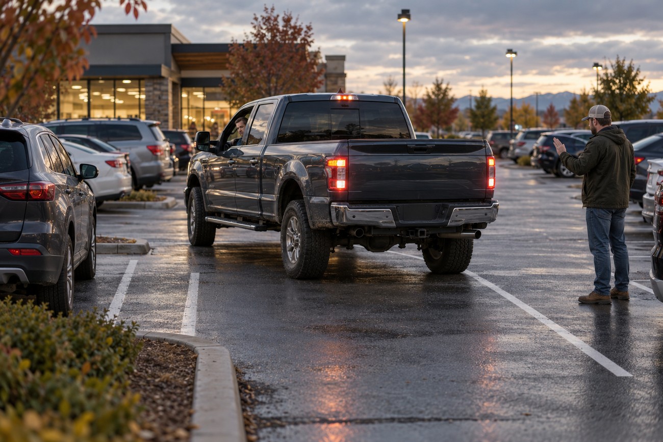 Driver parking a large Ford F-250 pickup truck in a tight supermarket parking lot with assistance