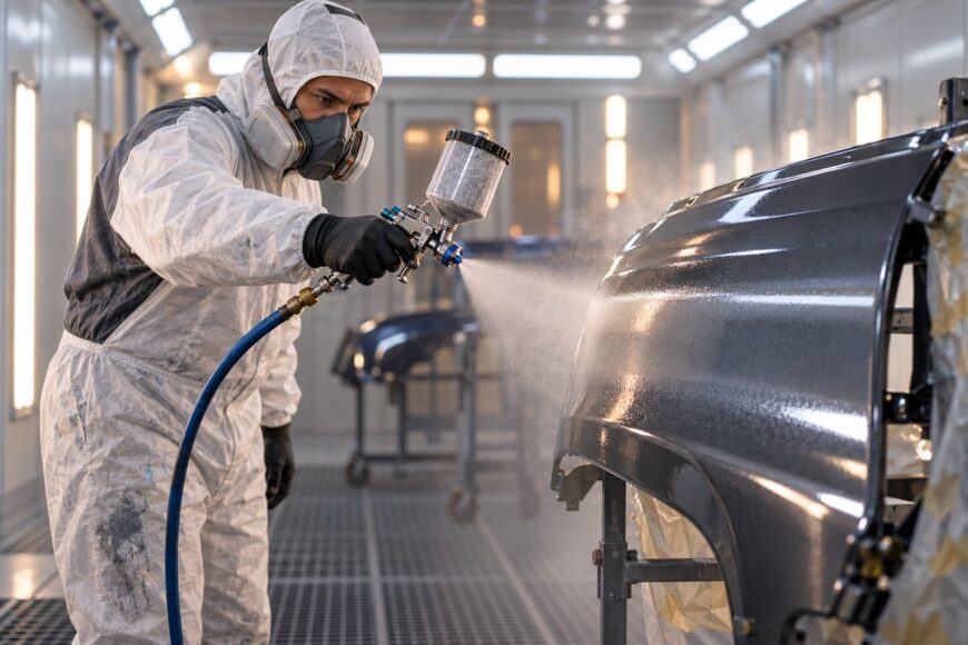 A technician in a protective suit and respirator mask uses a spray gun to paint a car panel in a booth