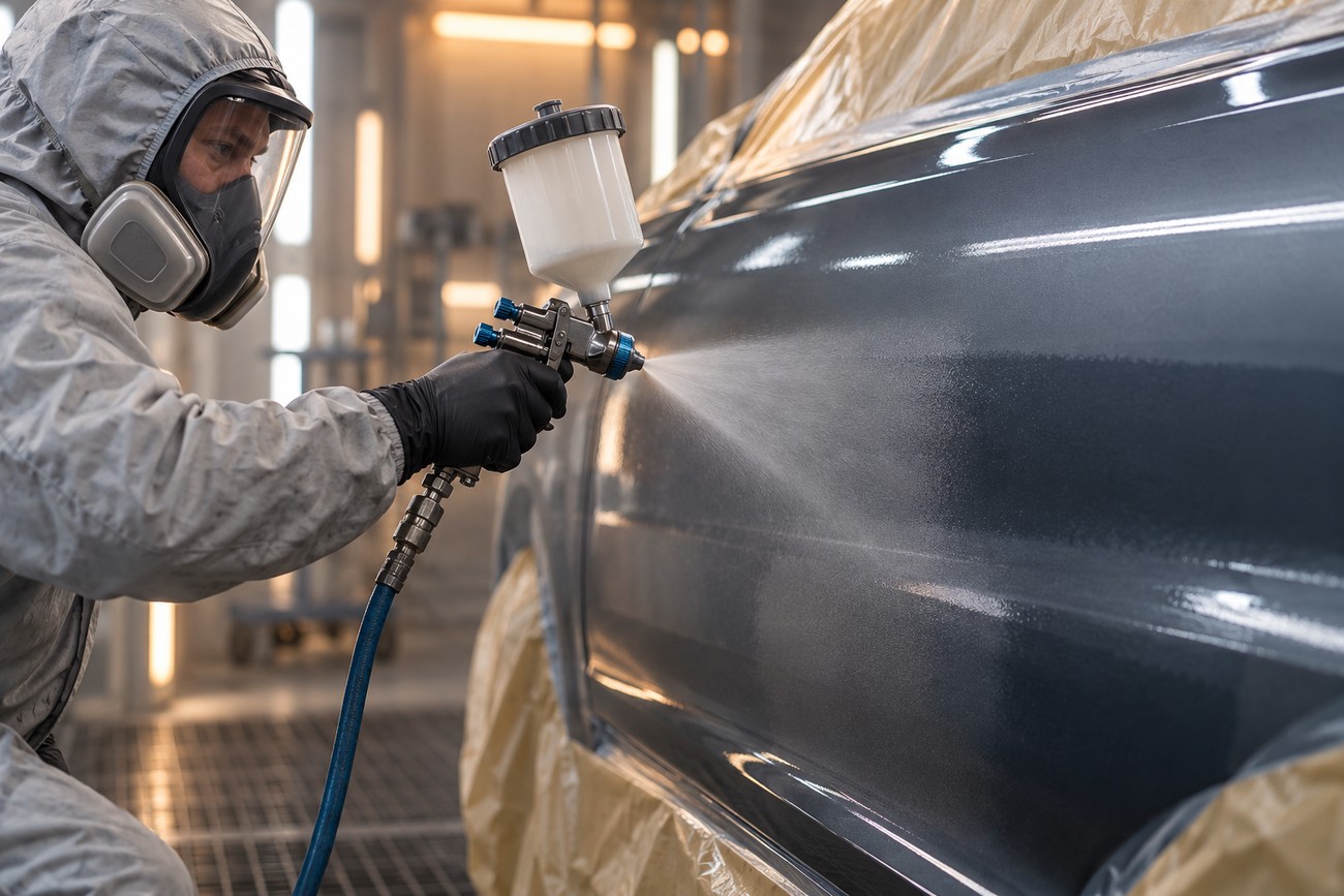 A technician in a protective suit and respirator uses a spray gun to paint a car door in a professional body shop