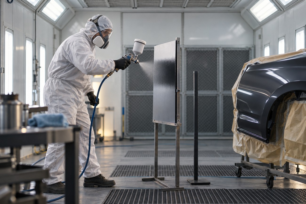 A technician in a white protective suit and respirator mask testing spray gun distance on a vertical metal panel in a paint booth