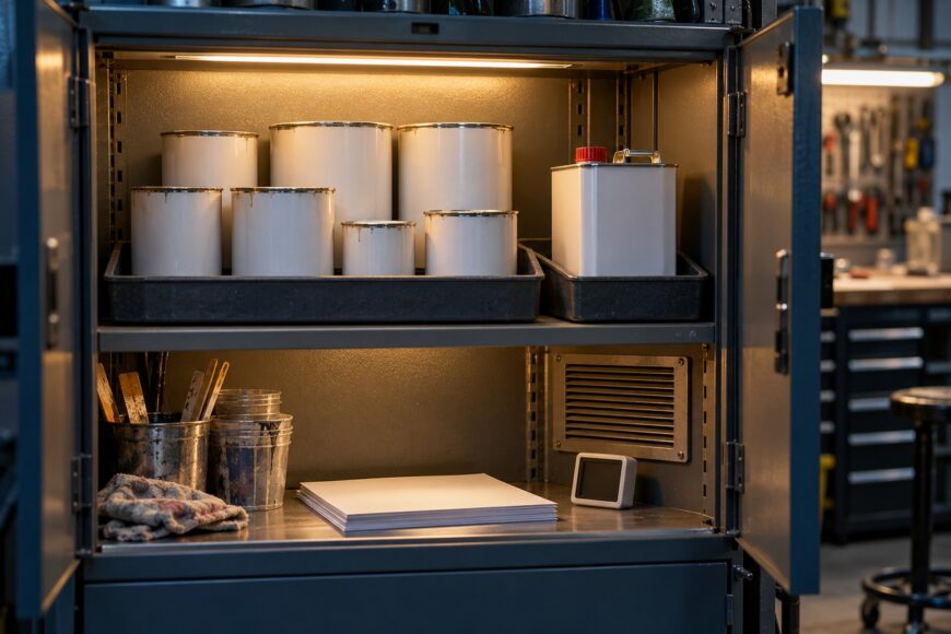 Metal safety cabinet with illuminated shelves containing white paint cans and a hardener container in a workshop