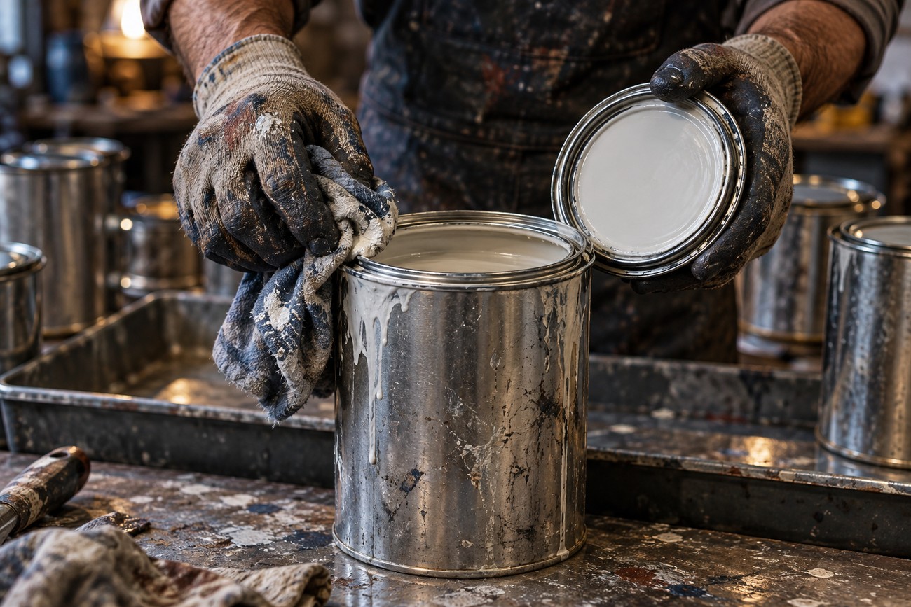 A worker in dirty work gloves holding a cloth and cleaning the rim of an open metal paint can in a workshop